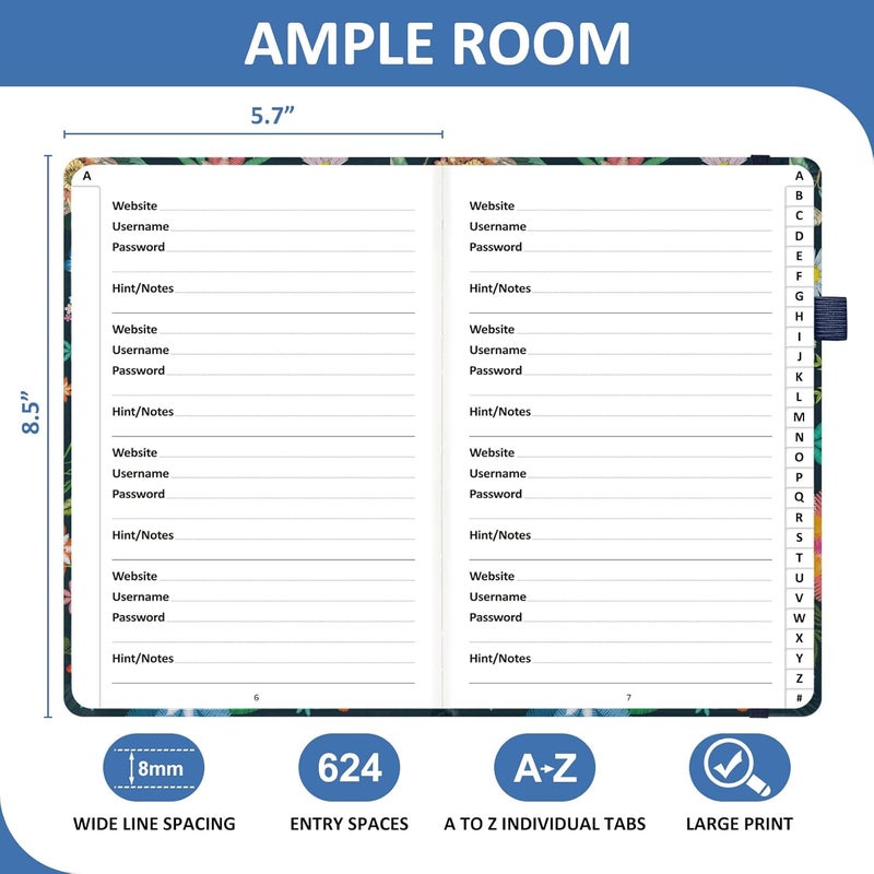 COMKISO Store Password Book with Individual Alphabetical Tabs Laminated, Large Print Password Keeper Book for Seniors, A5 Hardcover Internet Password Log Book to Record Website Login Details - Bloom - Image 3